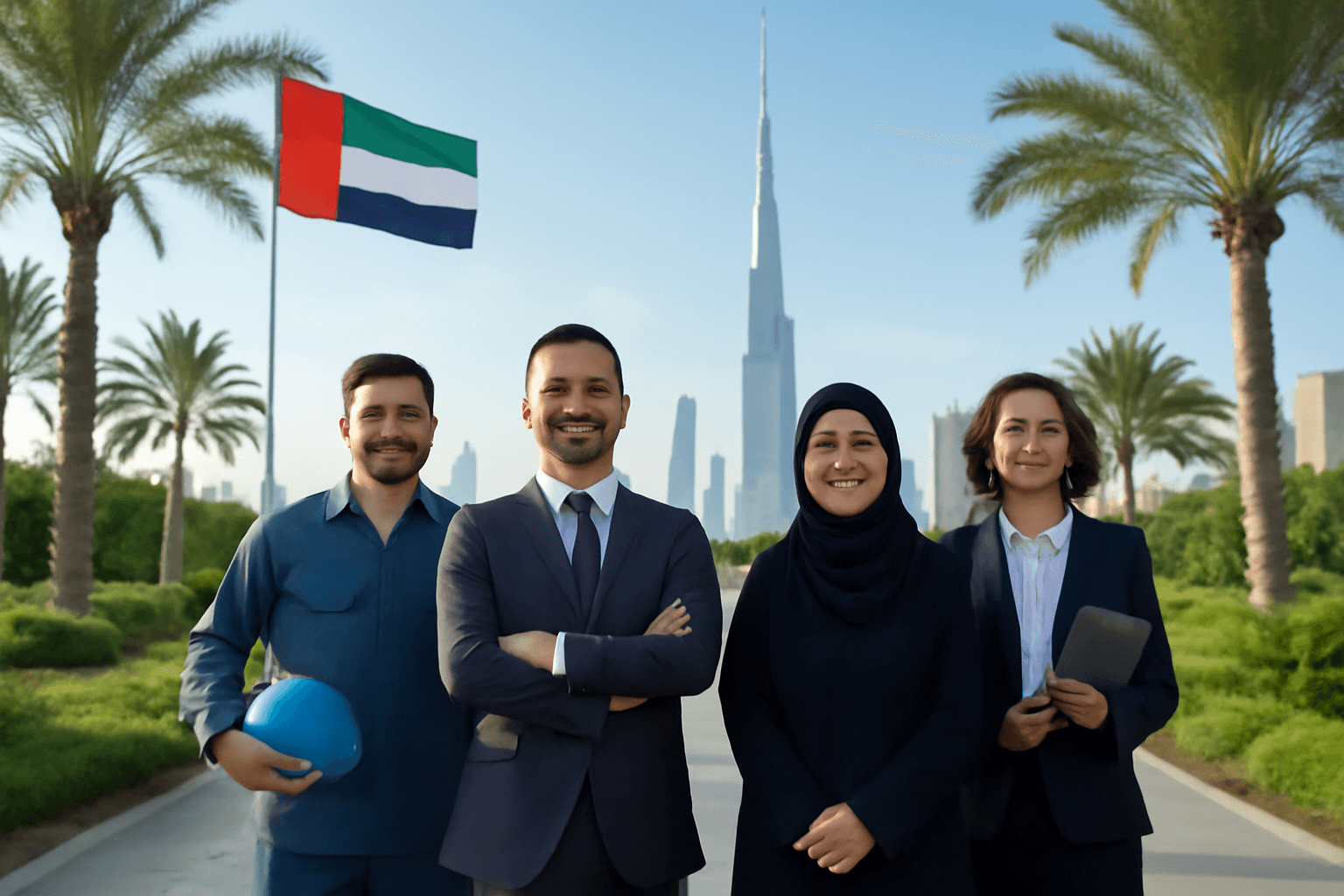 Professional team with UAE flag and Dubai skyline